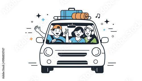 Car illustration with happy family on a road trip vacation