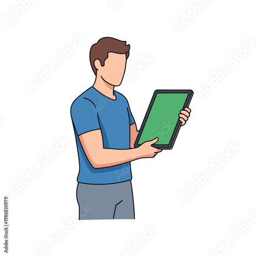 A young man holds a digital tablet with a green screen for display