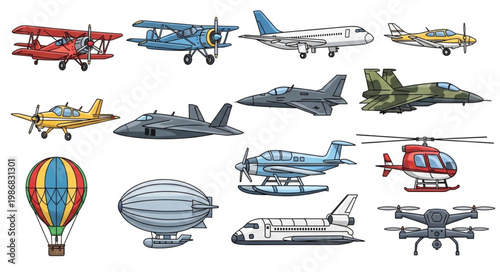 Collection of various aircraft and flying vehicles illustration.