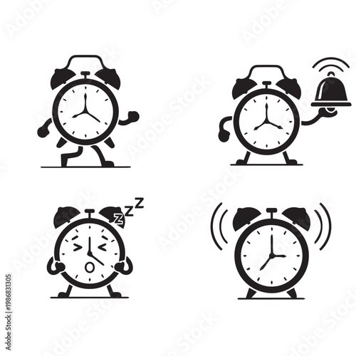 Alarm Clock Silhouette Black White Vector Illustration Set, Minimal Alarm Clock Icon Flat Design Pack, Time Management Clock Simple Vector Bundle