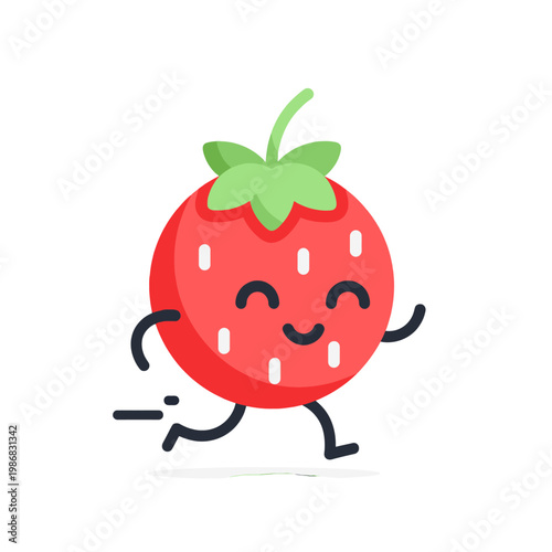 A cute cartoon strawberry character running happily on a plain white background