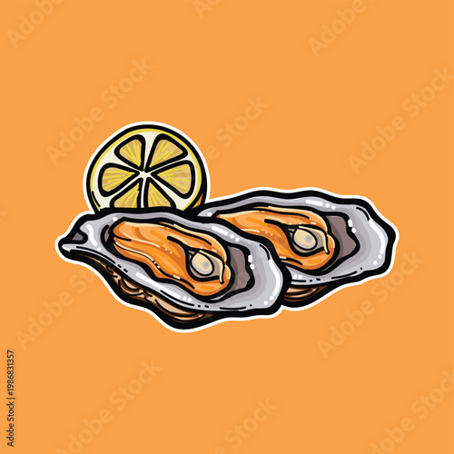 Fresh Oysters on the Half Shell With Lemon Slice — Seafood Illustration on Orange Background