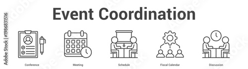 Event Coordination web banner icon set vector illustration concept for business with icon of Conference, Meeting, Schedule, Fis.