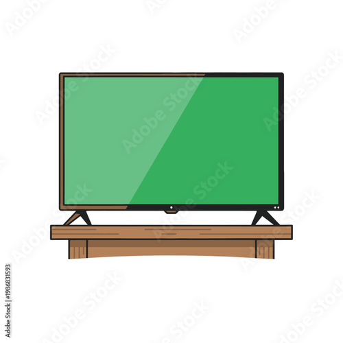 A modern flat screen television with a green display sits on a wooden table