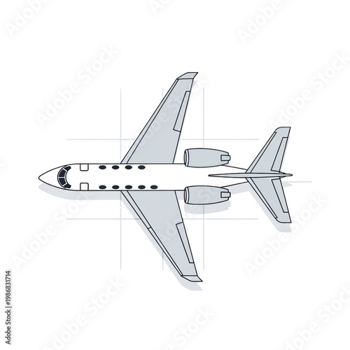A top view illustration of a private jet aircraft on a white background