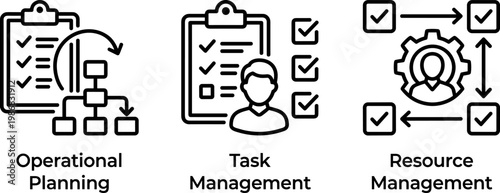 Business operations management vector illustration with operational planning, task management, and resource management
