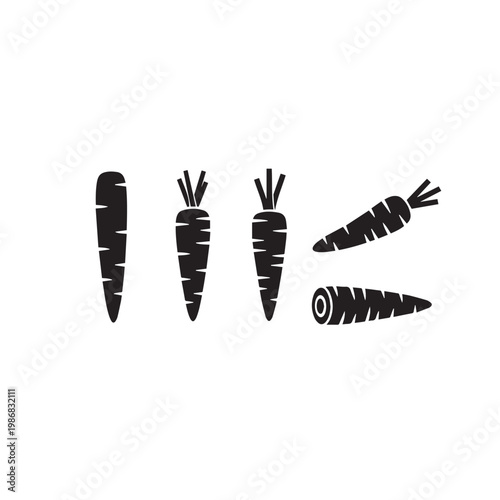 Carrot Silhouette Vector Illustration Set Black White, Fresh Carrot Minimal Icon Flat Design Pack, Carrot Vegetable Simple Silhouette Vector Bundle