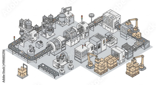 Industrial factory production line with machinery and conveyor belts.