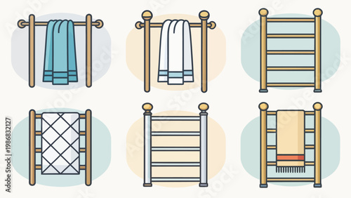 An illustration of various towel racks with towels in a bathroom setting