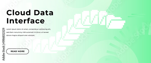 Abstract cloud data interface background with retro 8-bit pixel folder elements on green gradient. Folders stack. Clean UI banner design for SaaS apps, cloud storage, data systems, digital platforms