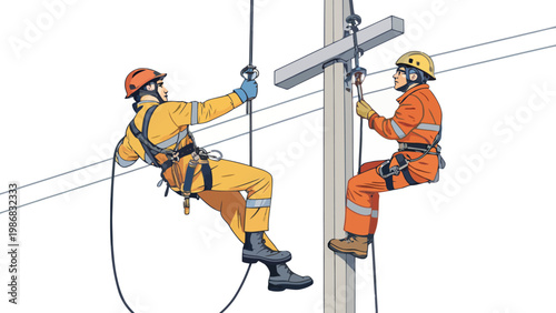Two workers in safety gear climbing a utility pole with ropes and harnesses