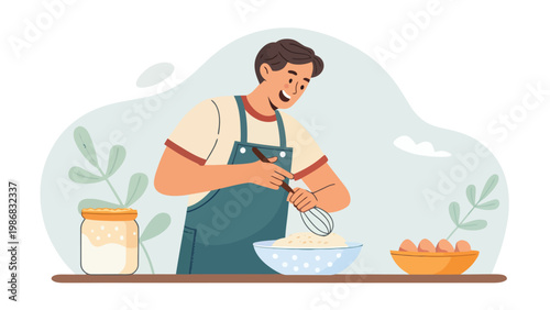 A man in an apron is mixing a batter in a bowl with a whisk in a kitchen setting.