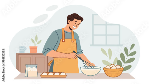 A man in a yellow apron is baking in a kitchen with various ingredients and utensils.