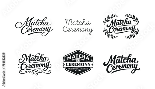 A set of Matcha Ceremony logos and icons in black and white