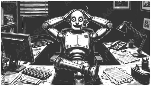 humanoid robot relaxing in an office chair, smoking a cigar, surrounded by paperwork and computers, symbolizing automation in workplace sketch engraving generative ai vector illustration. 