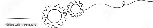 Simple continuous one line drawing of three interlocking gears or cogs. Minimalist technology, process, and engineering vector illustration. Illustration of three interlocking gears of different sizes