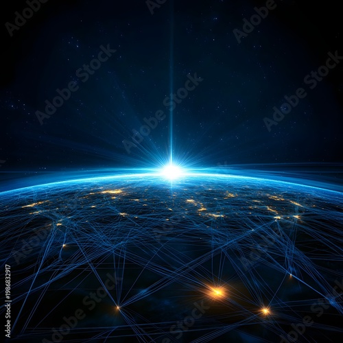 Bright blue network connections crisscross glowing earth at night from space with bright light emanating from horizon.