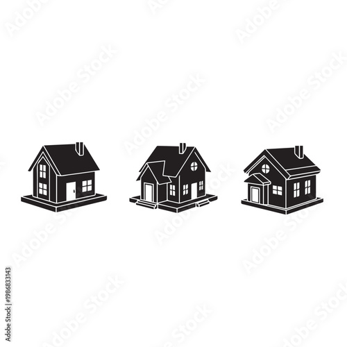House Model Silhouette Black White Vector Illustration, Real Estate House Model Minimal Icon Set, Home Model Simple Flat Design Vector Pack