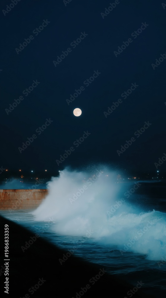 Fototapeta premium Full moon illuminating powerful ocean wave crashing against a concrete seawall during a dark night with distant city lights creating a serene coastal scene