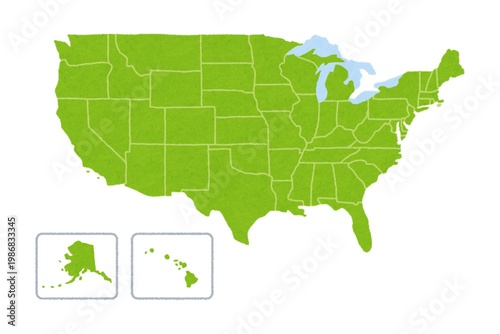 Fotografía Green textured map of the United States with clearly defined state boundaries and highlighted Great Lakes, including inset views of Alaska and Hawaii, shown from a top-down perspective
