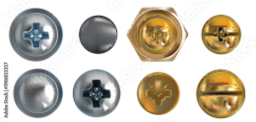 Screw and bolt head collection with metal fasteners viewed from top. Realistic vector set of gold, silver and steel nail caps, hexagon nuts, rivets and pins isolated on white for design projects.
