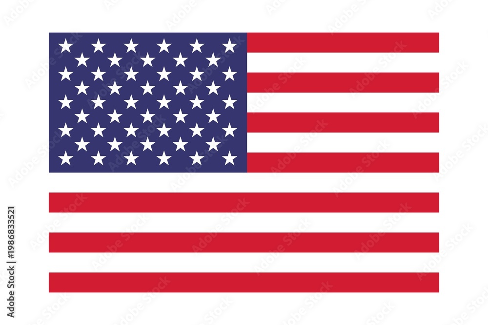 Obraz premium Flat illustration of the United States flag featuring white stars on a blue canton and red and white stripes, centered on a light background, symbolizing patriotism, unity, and national identity.