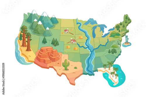 Foto Cartoon-style illustrated map of the United States showing diverse regions with mountains, forests, deserts, rivers, farms, and coastal areas in a colorful, playful design