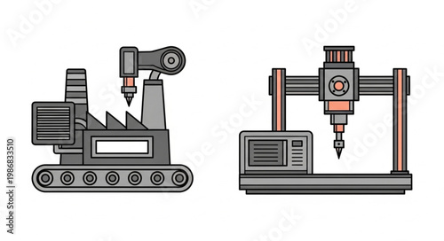 Two industrial machines with robotic arms and conveyor belts.