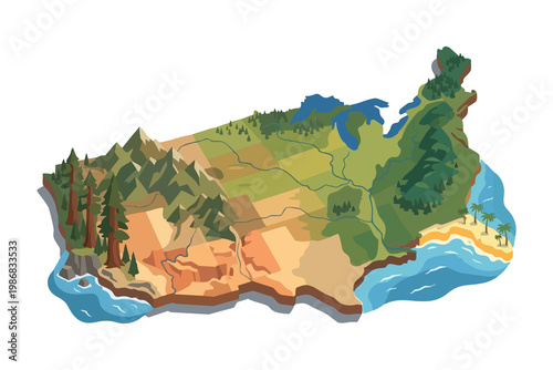 Fotografija Stylized 3D isometric map of the United States showcasing varied landscapes like mountains, forests, deserts, rivers, plains, and coastlines in a detailed, vibrant illustration