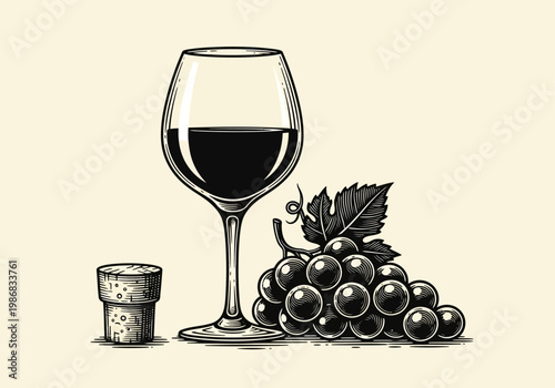 Vintage Woodcut Illustration of a Red Wine Glass with Grapes and Cork. Elegant Black and White Linocut Style Graphic for Winery Branding and Vineyard Menu Design.