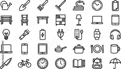 A collection of line icons depicting everyday objects for home and office, including furniture, electronics, and gadgets, suitable for design and educational purposes.
