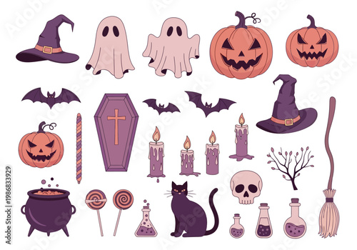 Cute Halloween Vector Icon Set with Pumpkins, Ghosts, Witch Hats, and Spooky Elements