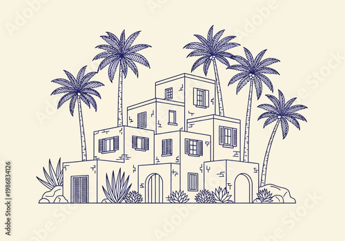 Minimalist Blue Line Art Illustration of a Mediterranean Village with Palm Trees and Desert Succulents