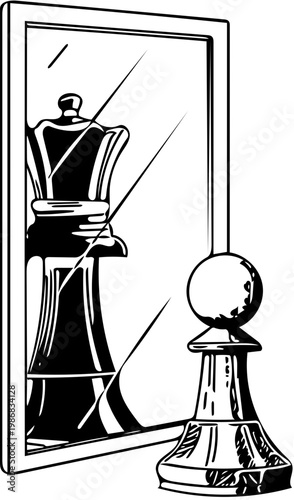 A chess pawn contemplates its reflection in a mirror, showcasing a queen, symbolizing ambition and transformation