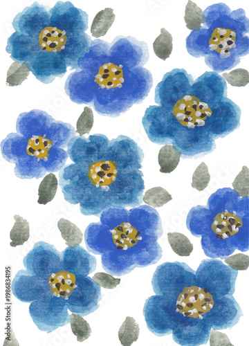 Blue flowers hand drawn watercolor art