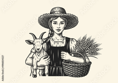 Vintage Engraving of a Female Farmer Holding a Goat and a Basket of Harvested Wheat - Rustic Linocut Illustration for Organic Agriculture and Farm Branding