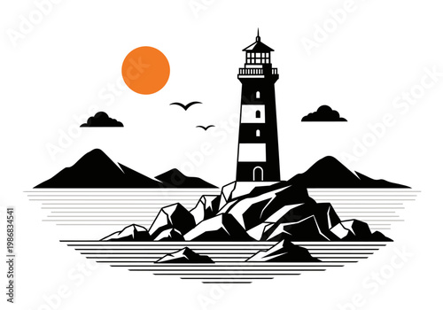Minimalist Lighthouse Vector Illustration on Rocky Coast with Orange Sun and Ocean Waves