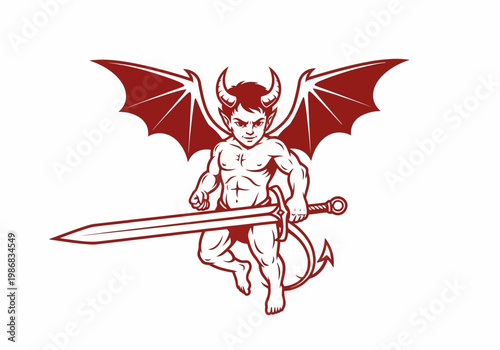 Red Demon Mascot Character with Horns Bat Wings and Sword Illustration