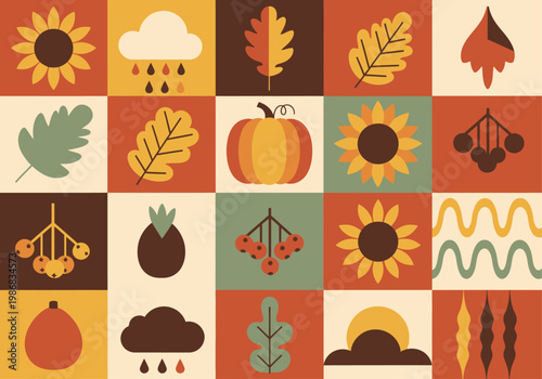 Flat Design Autumn Harvest Grid Pattern with Sunflowers, Pumpkins, and Fall Leaves in Mid Century Modern Style