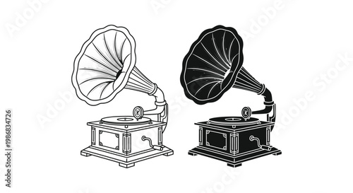 Gramophone vector illustration of two vintage record players in black and white