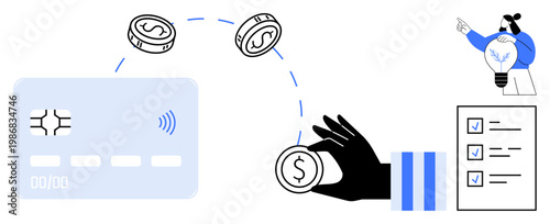 Online transactions, fintech creativity, business planning, contactless payment, financial tools, cashless options. Coins and a credit card alongside a figure holding a lightbulb. Online transactions