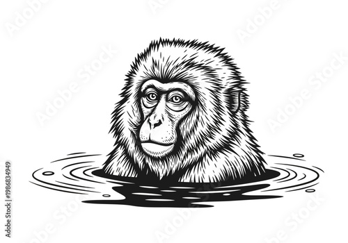 Japanese Macaque Snow Monkey in Hot Spring Illustration, Black and White Woodcut Style Primate Portrait