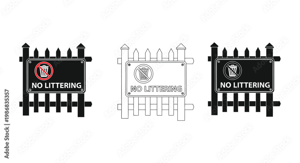 Naklejka premium Sign no littering icon set with fence and warning messages