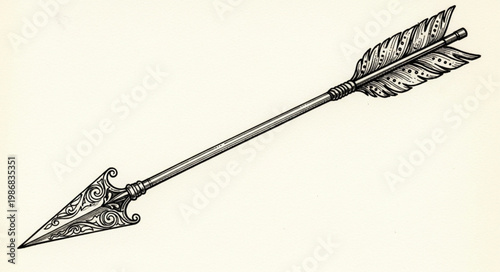 Vintage hand drawn arrow with feathered fletching.