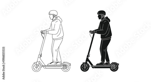 Scooter rider silhouette illustration with line art version alongside