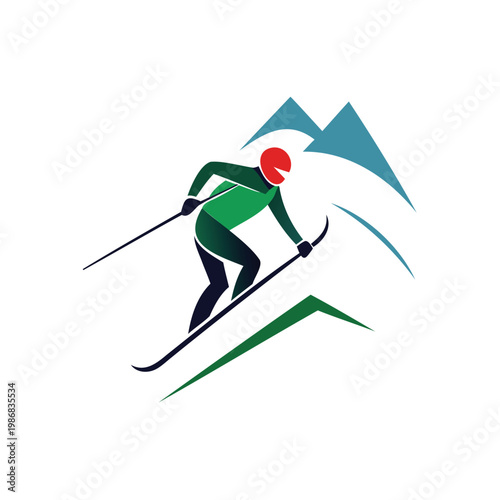 Dynamic skier descending a snowy mountain slope with ski poles