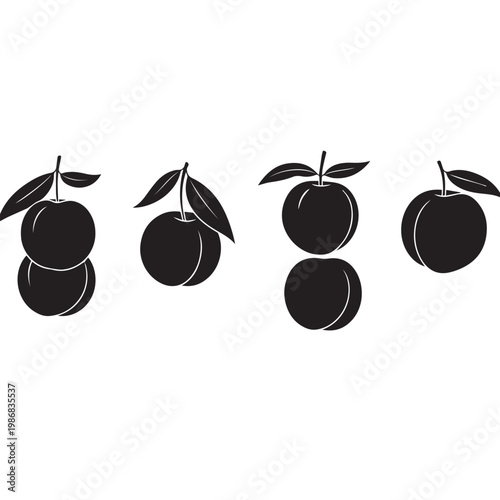 Ripe Peaches Hanging Tree Silhouette Vector Illustration, Peach Fruit Branch Minimal Black White Design Set, Peach Tree Silhouette Simple Vector Pack