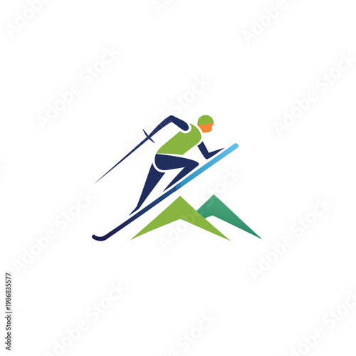 Dynamic cross-country skier gliding down a snowy slope with ski poles