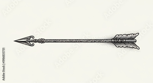 Vintage hand drawn hunting arrow with fletching and pointed tip.