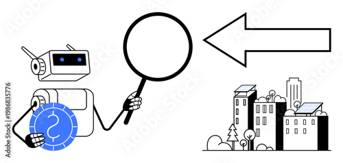 Renewable energy, AI technologies, urban analysis, sustainability, future planning, data insights. Robot holding a magnifying glass near a cityscape with solar panels. Renewable energy and AI